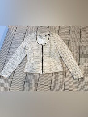 Kenar Cream and Black Tweed Collarless Blazer
